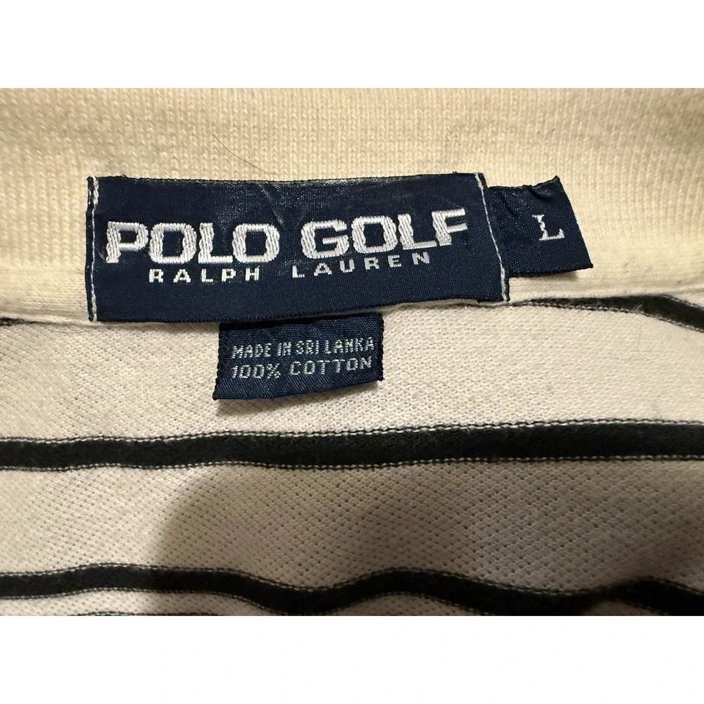 Vintage Polo Golf Ralph Lauren Mens L Cream Black Striped Cotton Polo Shirt